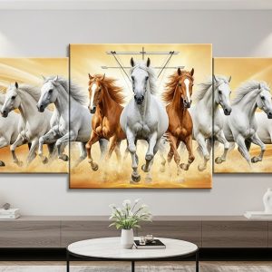 Seven Running Horses 3 Split Panels Paintings For Living Room Wall Decoration  | Stretched Canvas HD Print | Vastu Wall Art N. 417