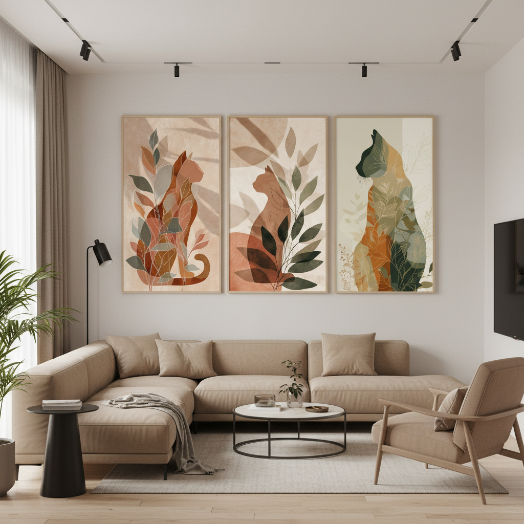 3 Panel Set Cat Boho Wall Art for Home & Office Decor | Art No. 940 - Image 5