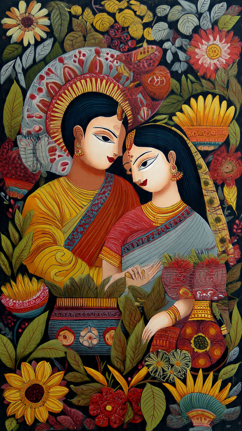 Indian Ethnic: Bengali Couple Kalighat Wall Art for Home & Office Decor | Art No. 956 - Image 2